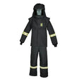 The Oberon TCG100 Series Arc Flash Hood, Coat, and Bib Suit Set in black is designed for safety with reflective yellow stripes on the sleeves and pant legs. It features an Arc Flash Hood integrated with True Color Grey Technology and boasts an impressive Arc Rating of 100 cal/cm².