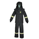 The Oberon TCG100 Series Arc Flash Hood, Coat, and Bib Suit Set in black is designed for safety with reflective yellow stripes on the sleeves and pant legs. It features an Arc Flash Hood integrated with True Color Grey Technology and boasts an impressive Arc Rating of 100 cal/cm².