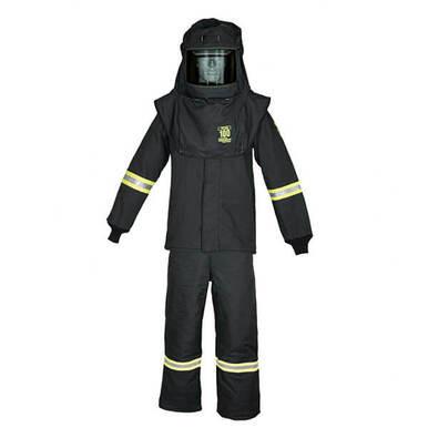 The Oberon TCG100 Series Arc Flash Hood, Coat, and Bib Suit Set in black is designed for safety with reflective yellow stripes on the sleeves and pant legs. It features an Arc Flash Hood integrated with True Color Grey Technology and boasts an impressive Arc Rating of 100 cal/cm².