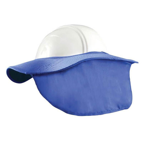 The Occunomix Cotton Hard Hat Shade 898, in white, features a blue sun shield attached around the rim that provides enhanced UV protection. It's perfect for summer workwear, offering extended coverage for the neck and ears.