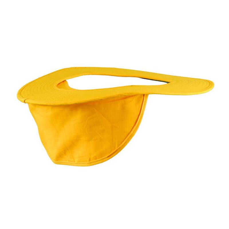 Introducing the OccuNomix Cotton Hard Hat Shade 898 by Occunomix: a yellow hat featuring a wide, oval brim and an open top, reminiscent of a giant visor. Ideal for summer workwear, it includes a fabric flap at the back to provide additional UV protection.