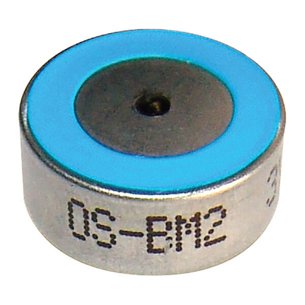 Close-up of a small metallic oxygen sensor from PK Safety Supply, featuring a blue inner ring and the markings "DS-EM2" on the side. The RKI Replacement Oxygen Sensor OS-BM2, typically employed in gas monitors, has a circular shape with a central hole.
