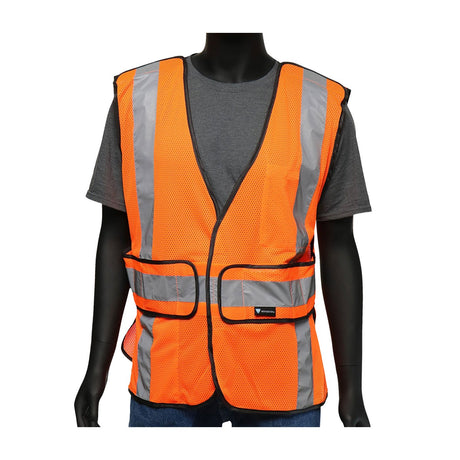 A mannequin donning a PIP Viz-Up 3 Pocket Expandable Mesh Breakaway Vest 4720 from PIP - Protective Industrial Products, featuring reflective silver stripes over an orange ANSI Type R Class 2 design and worn atop a gray shirt. The vest, complete with three pockets, is set against a plain white background.