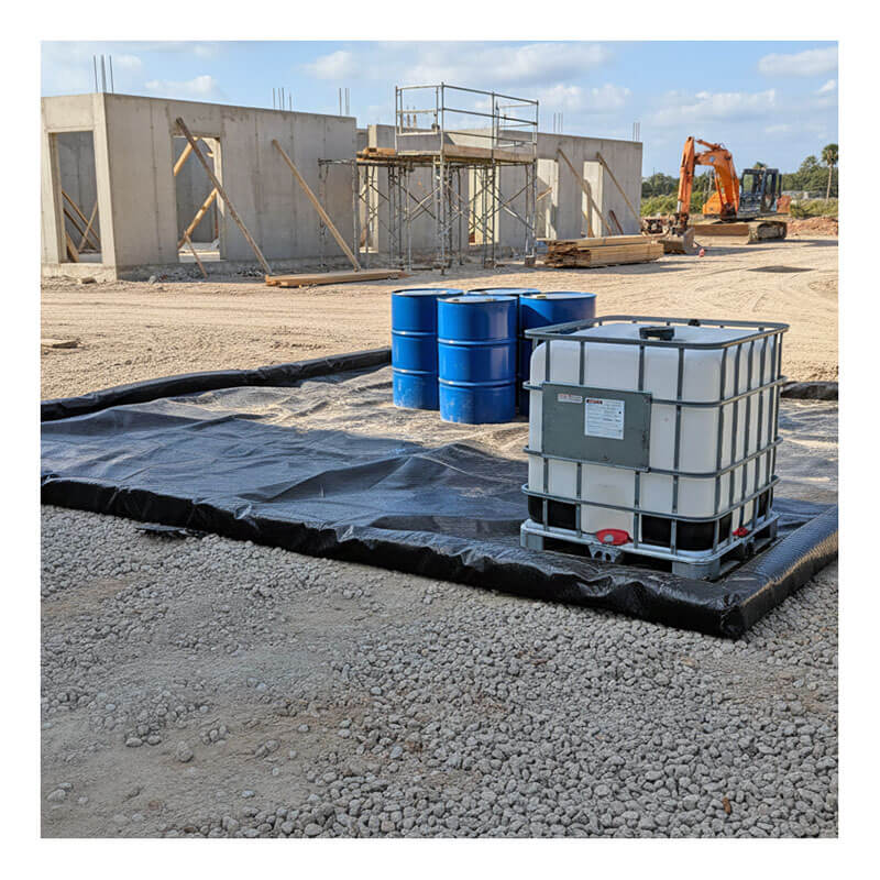 An UltraTech Foam Wall Model Containment Berm - Light-Duty by UltraTech holds blue barrels and a white IBC tank on a gravel construction site, with an unfinished building and excavator in the background.