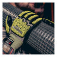A person wearing MCR Safety Predator Hi-Vis Mechanics Gloves with HyperMax (PD6952) is gripping a roll of metal wire mesh. The yellow and black impact-resistant gloves feature textured padding and have the “Predator” brand name visible on the back.