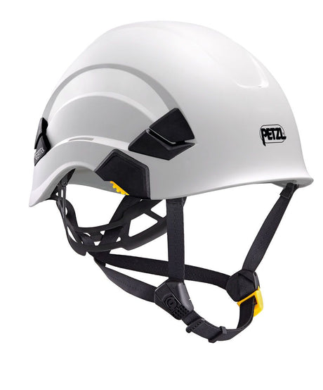 The Petzl VERTEX Comfortable Helmet, model A010AA0_, is a versatile, modular helmet in classic white equipped with secure straps, making it perfect for work at height.