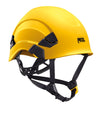 The Petzl VERTEX Comfortable Helmet A010AA0_ in yellow highlights black straps and accents while prominently displaying the Petzl brand logo. This versatile helmet includes an adjustable-strength chinstrap and harness to ensure a secure fit.