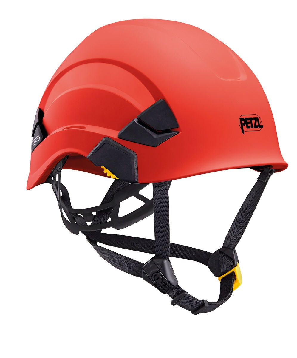 Introducing the Petzl VERTEX Comfortable Helmet A010AA0_ in red, featuring black adjustable straps, ideal for work at heights or industrial applications. This helmet, with "Petzl" branding on the side, offers a sleek and curved design to enhance protection.