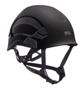 The stylish black Petzl VERTEX Comfortable Helmet A010AA0_ features adjustable chin straps for an ideal fit. With a sleek matte finish displaying the "Petzl" logo on the side, this modular helmet is crafted to provide maximum safety and comfort for climbing adventures.