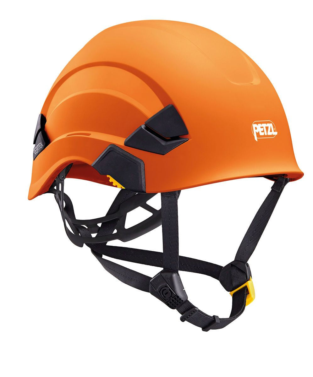 The Petzl VERTEX Comfortable Helmet A010AA0_ features an orange color with a black adjustable-strength chinstrap and displays the white "Petzl" logo on the side. It offers a sleek, modular design with ventilation grooves for enhanced breathability and ensures a secure fit.