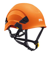 The Petzl VERTEX Comfortable Helmet A010AA0_ features an orange color with a black adjustable-strength chinstrap and displays the white "Petzl" logo on the side. It offers a sleek, modular design with ventilation grooves for enhanced breathability and ensures a secure fit.