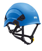 The Petzl VERTEX Comfortable Helmet A010AA0_ is a modular climbing helmet in blue featuring a smooth shell with black protective accents and ventilation openings. It includes an adjustable-strength chinstrap for a secure fit and features sleek black adjustable straps, along with the Petzl brand logo on the side.