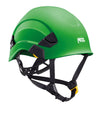 The Petzl VERTEX Comfortable Helmet A010AA0_ is a green modular helmet that includes an adjustable-strength chinstrap, black straps, side ventilation, and a yellow buckle. Ideal for climbing or construction work, it prioritizes both protection and comfort.