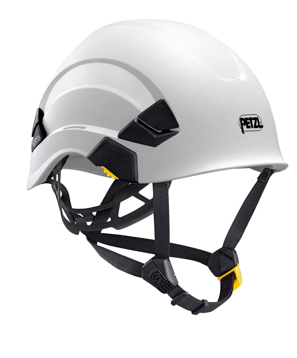 The Petzl VERTEX Comfortable Helmet A010AA0_ in white is designed with black straps and an adjustable-strength chinstrap, complete with a yellow adjustment buckle. This helmet features modular black vent accents on the sides and prominently displays the Petzl logo on the front.