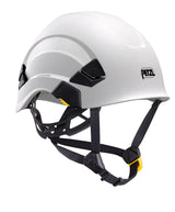 The Petzl VERTEX Comfortable Helmet A010AA0_ in white is designed with black straps and an adjustable-strength chinstrap, complete with a yellow adjustment buckle. This helmet features modular black vent accents on the sides and prominently displays the Petzl logo on the front.