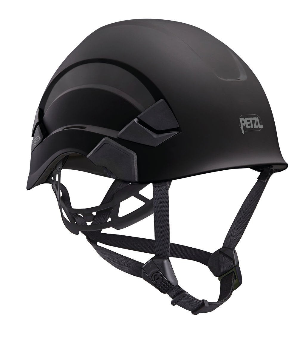 The Petzl VERTEX Comfortable Helmet A010AA0_ by Petzl showcases a climbing design in black with an adjustable-strength chinstrap for a sleek fit, complemented by a discreet logo on the side that enhances its modern appeal.