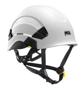 The Petzl VERTEX Comfortable Helmet Canada Version A010BA0_ combines a sleek, modern design with adjustable black straps and a yellow accent. Featuring the "Petzl" branding on the side, this versatile modular helmet is ideal for climbing or construction activities, offering safety and style together.