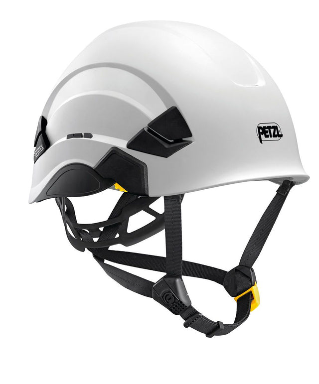 The Petzl VERTEX Comfortable Helmet, Canada Version A010BA0_, features a sleek white design with black adjustable straps and yellow accents. This stylish helmet has vents, textile suspension, and a "Petzl" logo on the side for optimal safety and comfort.