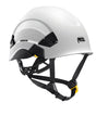 The Petzl VERTEX Comfortable Helmet, Canada Version A010BA0_, features a sleek white design with black adjustable straps and yellow accents. This stylish helmet has vents, textile suspension, and a "Petzl" logo on the side for optimal safety and comfort.