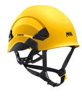 A vibrant yellow Petzl VERTEX Comfortable Helmet Canada Version A010BA0_ features black adjustable straps and vent accents. This stylish, modular design is ideal for construction or climbing, proudly displaying the Petzl logo on the side.