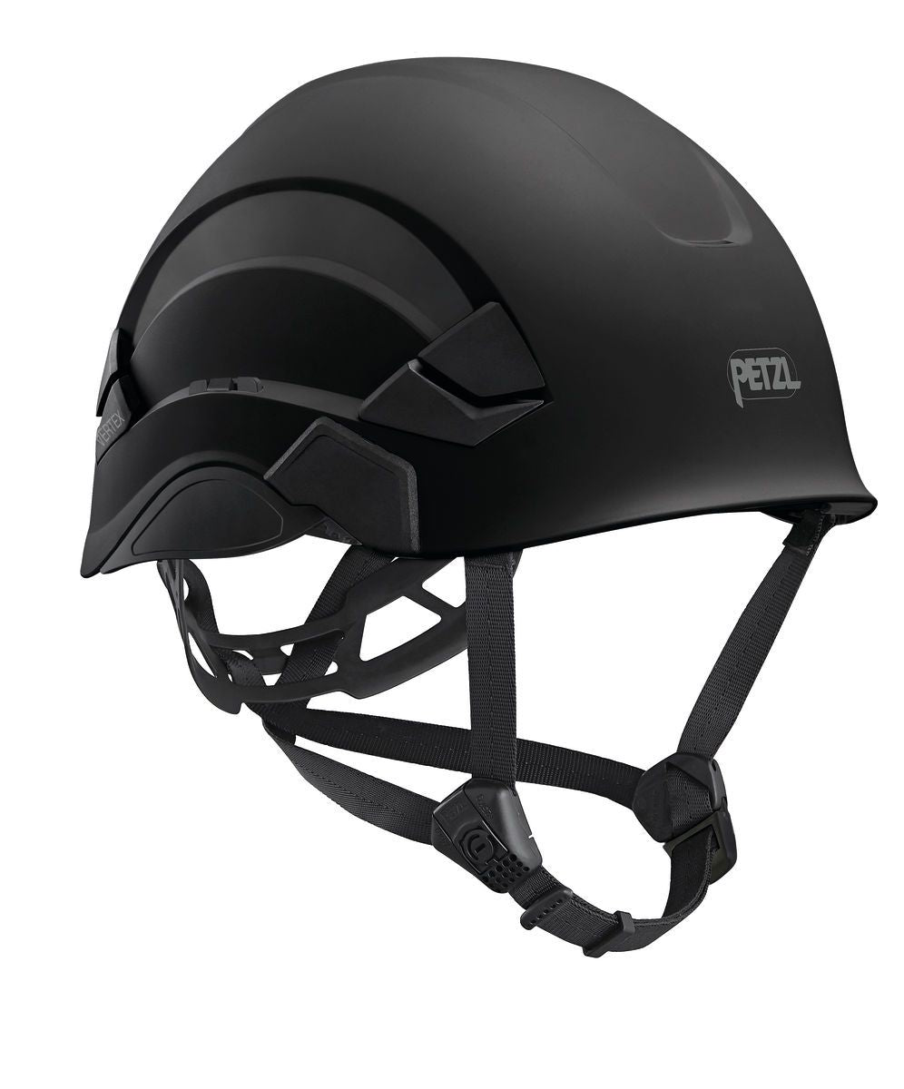 This Petzl VERTEX Comfortable Helmet, Canada Version A010BA0_, stands out with its black color and innovative design. It offers adjustable straps for a precise fit and serves as a versatile work helmet featuring the recognizable Petzl logo on the side.