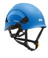 Introducing the Petzl VERTEX Comfortable Helmet Canada Version A010BA0_: this blue work helmet includes black straps and a yellow buckle. It features black ventilation sections and prominently showcases the "Petzl" brand on the side, delivering both safety and style.