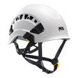 The Petzl VERTEX VENT Helmet A010CA0 is a white climbing helmet featuring ventilation slits, black adjustable straps, a buckle closure system, and the Petzl logo on the side, ensuring safety and comfort during climbing.