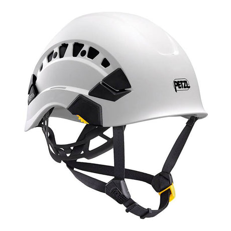 The Petzl VERTEX VENT Helmet A010CA0 showcases a sleek design combined with functionality, including black ventilation openings and an adjustable chin strap. This personal protective equipment is stylishly enhanced with a small logo on the side.