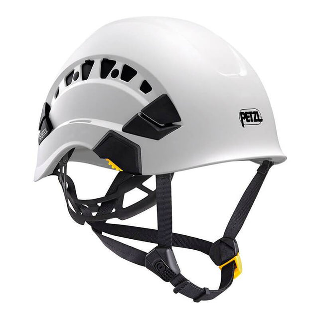 The Petzl VERTEX VENT Helmet A010CA0 is a white climbing helmet featuring ventilation slits, black adjustable straps, a buckle closure system, and the Petzl logo on the side, ensuring safety and comfort during climbing.