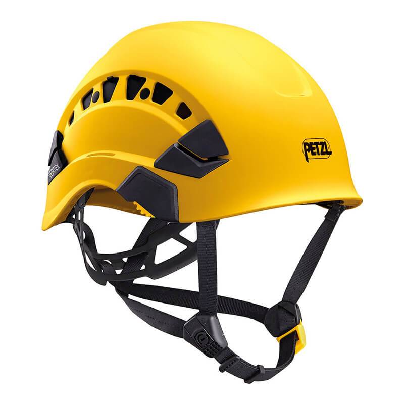 The yellow Petzl VERTEX VENT Helmet A010CA0 is equipped with black adjustable straps and ventilation slits to ensure optimal airflow. This essential piece of personal protective equipment prominently showcases the "Petzl" brand name on the side.