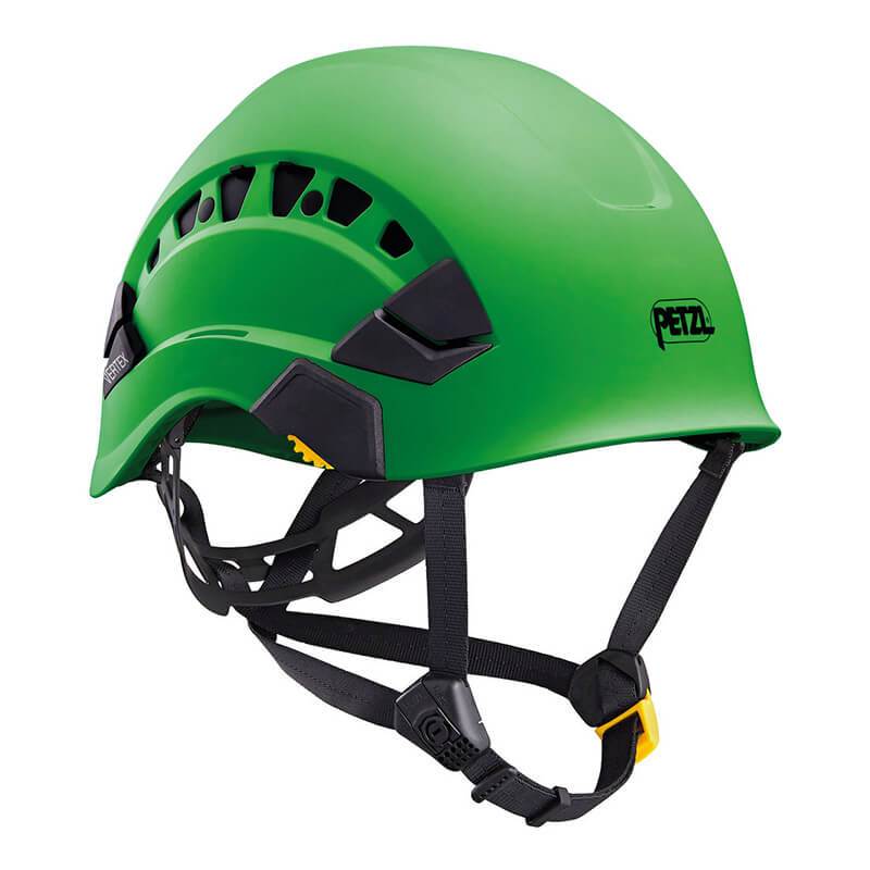 The Petzl VERTEX VENT Helmet A010CA0 in green is designed with adjustable black straps and ventilation openings. This personal protective equipment includes the Petzl logo and a secure buckle for fastening.