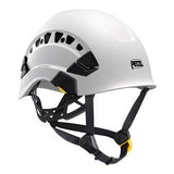 The Petzl VERTEX VENT Helmet A010CA0 is a white climbing helmet that sports the Petzl logo and comes with adjustable straps and black ventilation slits, making it an essential piece of personal protective equipment.