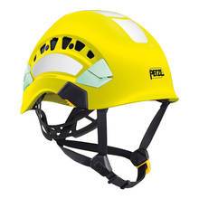 The Petzl VERTEX VENT HI-VIZ Helmet A010EA0_, featuring a vibrant yellow color with black straps and ventilation holes, offers excellent visibility and an adjustable-strength chinstrap. This safety helmet comes with the Petzl logo and includes a white patch on top, making it ideal for construction or climbing activities.