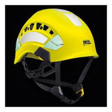 The Petzl VERTEX VENT HI-VIZ Helmet A010EA0_ offers a high-visibility design in bright yellow with ventilation slots. It features an adjustable-strength chinstrap, black and yellow straps, and white and light green accents, all highlighted by the "PETZL" logo.