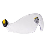 The Petzl VIZIR Eye Shield with EASYCLIP System A015_A00 is a clear visor designed for safety, featuring a unique curved shape. It includes a yellow and black attachment clip on the left side and a central hinge mechanism on the right. This eye shield is compatible with Petzl VERTEX and STRATO helmets, providing strong protection against projectile hazards in diverse work settings.