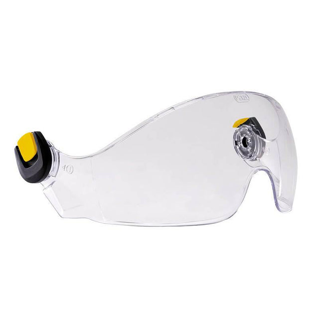 The Petzl VIZIR eye shield, compatible with both VERTEX and STRATO helmets, boasts a sleek and curved design. It features the EASYCLIP System in yellow and black for effortless adjustment. Enhanced with anti-fog coatings, this visor offers reliable eye protection against projectiles in various environments.