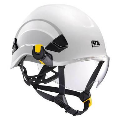 A Petzl VIZIR Eye Shield with the EASYCLIP System (A015_A00) in white, featuring an adjustable chin strap, black and yellow accents, and a branded logo on the side. It includes a clear visor to shield against projectile hazards, ensuring reliable protection.