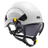 The Petzl VIZIR Eye Shield with EASYCLIP System A015_A00, crafted by Petzl, features a transparent visor and an adjustable black chin strap. It’s designed for VERTEX and STRATO helmets, offering excellent protection against projectile hazards. This model is equipped with ventilation slots and a distinctive yellow buckle for easy adjustments.