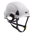 The white Petzl STRATO Helmet A020AA0_ by Petzl offers optimal head protection for work or climbing with black adjustable straps, chin buckle, and the CENTERFIT system.