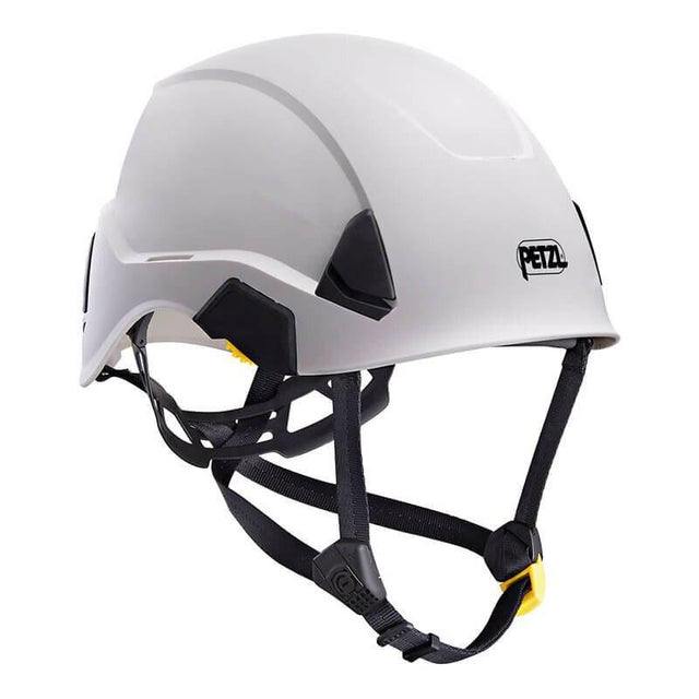 The white Petzl STRATO Helmet A020AA0_ by Petzl offers optimal head protection for work or climbing with black adjustable straps, chin buckle, and the CENTERFIT system.