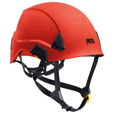 The red Petzl STRATO Helmet A020AA0_ is equipped with black and yellow adjustable-strength chinstraps and boasts a smooth, rounded design complemented by angular accents. It is both lightweight and comfortable, proudly showcasing the PETZL logo on the side.