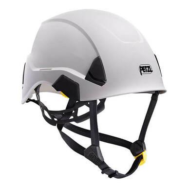 The Petzl STRATO Helmet A020AA0_ is a lightweight and comfortable white helmet that comes with a chinstrap featuring an adjustable-strength mechanism in black and yellow. The side of the helmet is adorned with the iconic Petzl logo, making it perfect for climbing or industrial applications.