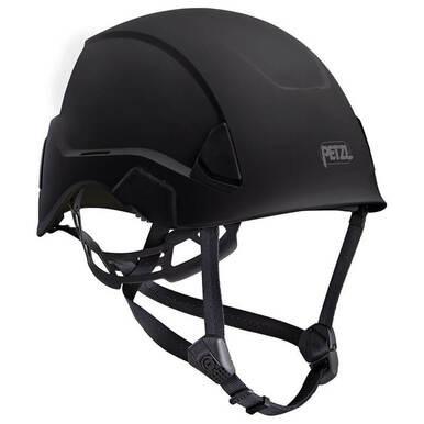 The Petzl STRATO Helmet A020AA0_ showcases a lightweight and comfortable design complete with adjustable-strength chin straps, along with the prominent Petzl logo. This black helmet is ideal for head protection during activities such as climbing or construction.