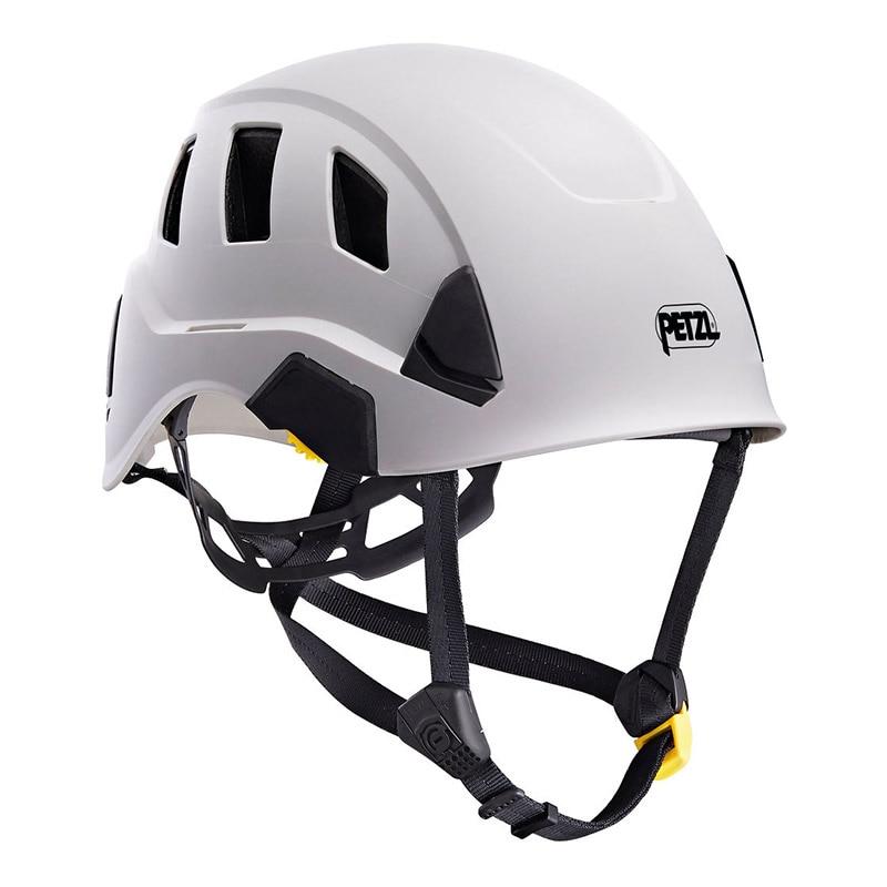 The Petzl STRATO VENT Helmet A020BA0, in white and gray, is ideal for climbing professionals. It boasts black ventilation slots and adjustable straps, with the Petzl logo prominently displayed on the side. Emphasizing ultimate safety, it features a secure chin strap with a yellow buckle and offers a customizable fit.