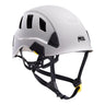 The Petzl STRATO VENT Helmet A020BA0, in white and gray, is ideal for climbing professionals. It boasts black ventilation slots and adjustable straps, with the Petzl logo prominently displayed on the side. Emphasizing ultimate safety, it features a secure chin strap with a yellow buckle and offers a customizable fit.