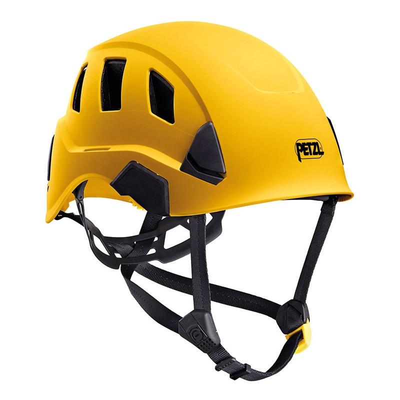 The Petzl STRATO VENT Helmet A020BA0, in yellow with black ventilation slots and an adjustable chin strap, provides a customizable fit. It is ideal for climbing professionals and prominently displays the "Petzl" brand name on the side.