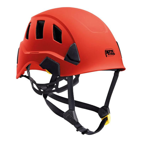 The Petzl STRATO VENT Helmets A020BA0 is a red climbing helmet featuring black ventilation slits, black chin straps, and a yellow buckle, specifically designed for climbing professionals. This helmet includes the Petzl logo on the side and offers a customizable fit to ensure safety during technical rescue operations.