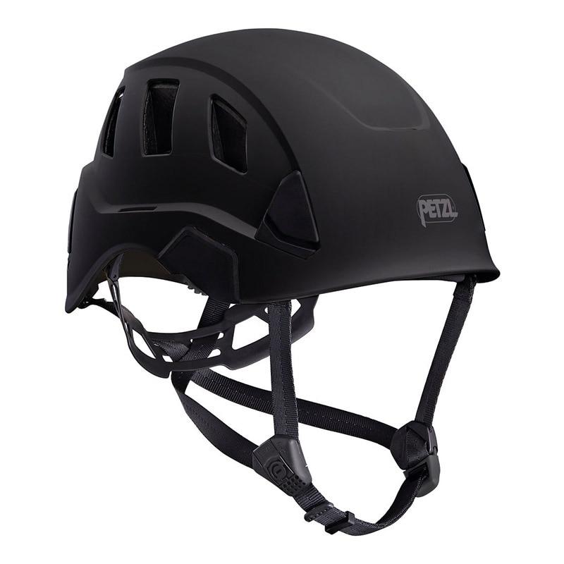 The Petzl STRATO VENT Helmets A020BA0 is a stylish black climbing helmet with numerous ventilation slots and an adjustable chin strap for a personalized fit. Displaying the "Petzl" logo, it is expertly engineered for safety and comfort, making it perfect for climbing professionals.