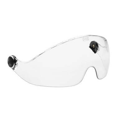 The Petzl VIZIR and VIZIR Shadow Protective Face Shield A15A_ features clear protective eyewear with a curved design, compatible with Petzl face shield systems. It includes black adjustable nose pads and small black knobs on the sides for a secure fit, making it perfect for use with the ALVEO helmet.