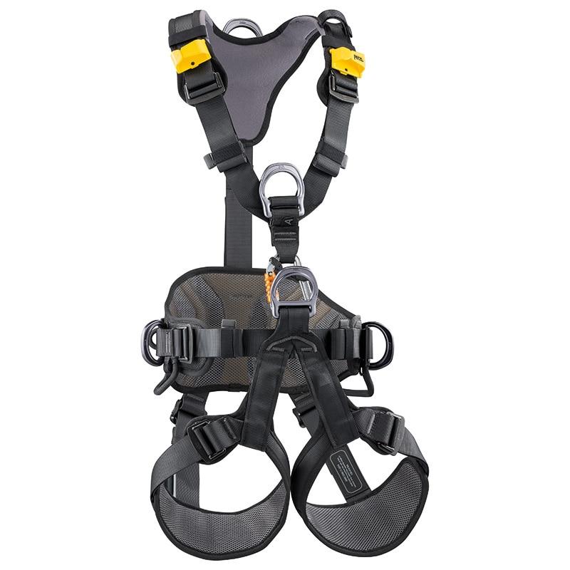 The Petzl AVAO BOD Full Body Harness C071_A0_ by Petzl is a black and yellow harness designed with adjustable straps, metal buckles, and secure loops. It includes padded areas for enhanced comfort and is ideal for climbing or industrial use, providing dependable fall protection.